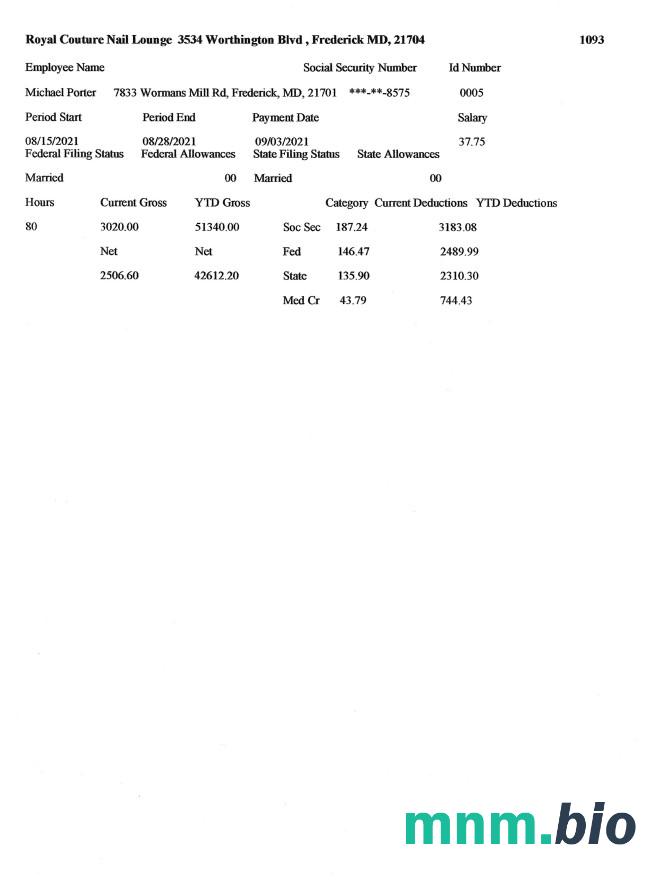 ROYAL Couture NAIL LOUNGE pay stub w formacie PDF i Word